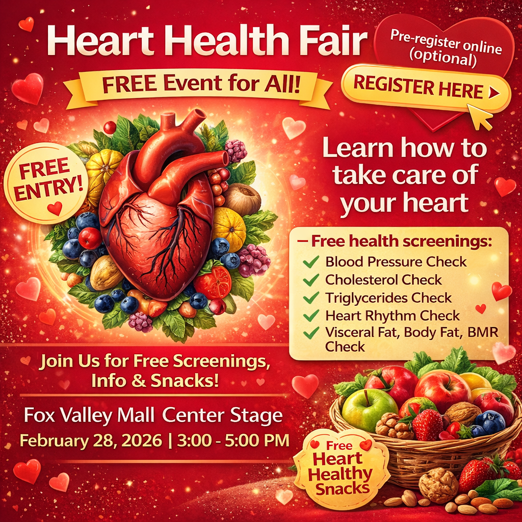 Promotional poster for a Heart Health Fair, featuring a realistic heart illustration surrounded by colorful fruits and vegetables, highlighting free health screenings and snacks available at the event.