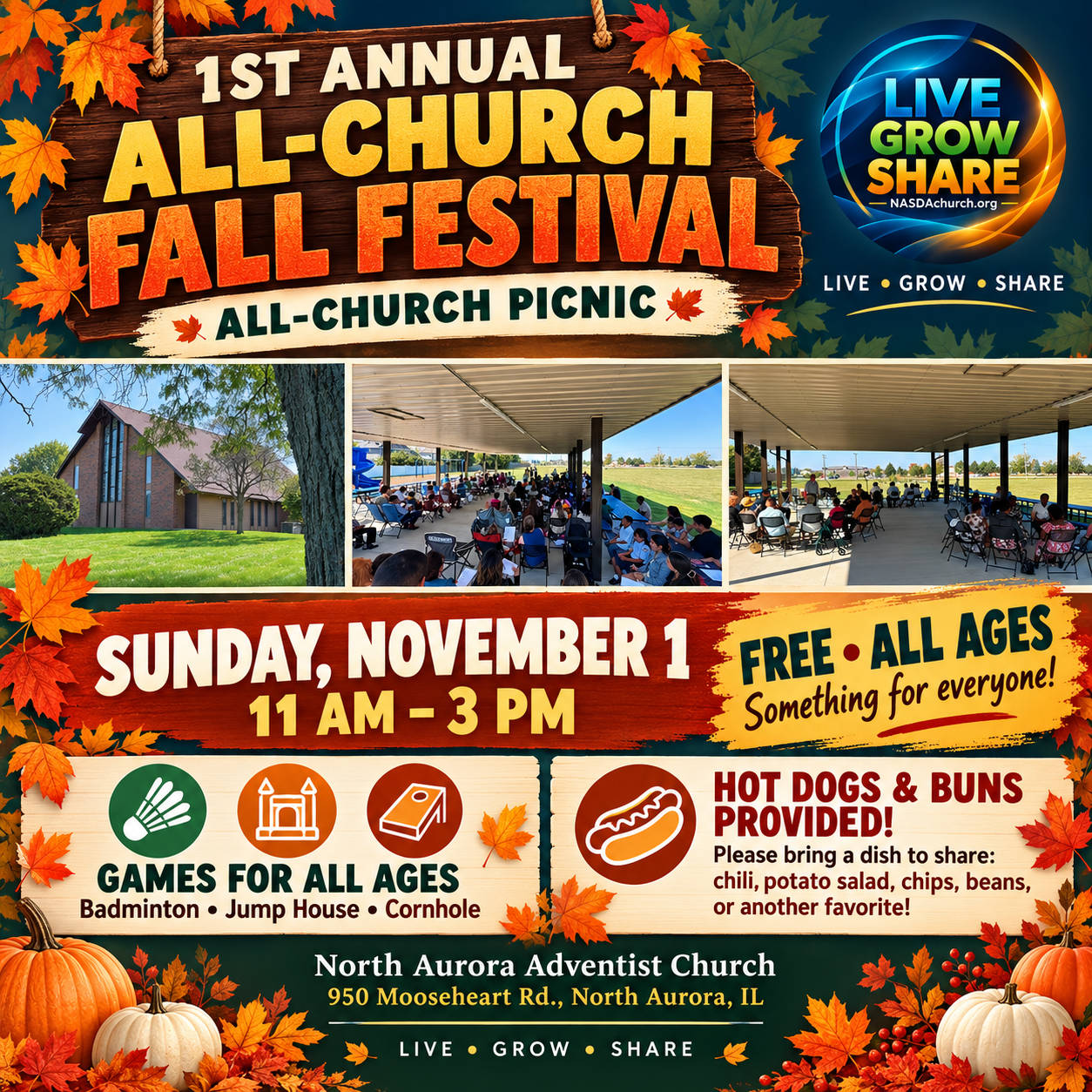 Promotional poster for the 1st Annual All-Church Fall Festival, featuring event details including date, time, location, and activities such as games for all ages. The background includes autumn leaves and pumpkins, enhancing the seasonal theme.