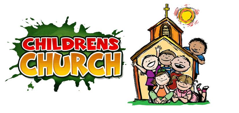 A colorful illustration featuring the words 'Children's Church' next to a cartoon-style church with children joyfully playing in front of it.