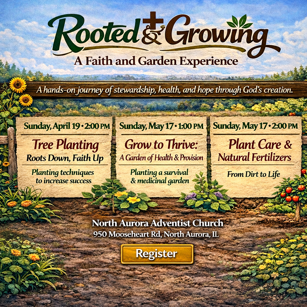 Promotional graphic for 'Rooted & Growing: A Faith and Garden Experience' event, featuring dates and topics for tree planting, health gardens, and plant care at North Aurora Adventist Church.